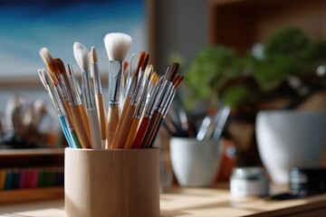 Diverse paintbrush collection in art studio with brushes and art supplies
