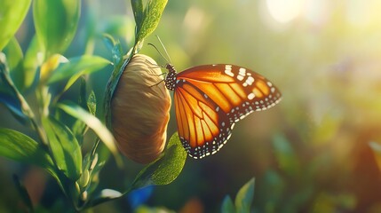 Stunning macro photo of a monarch butterfly resting near a brown cocoon in nature.