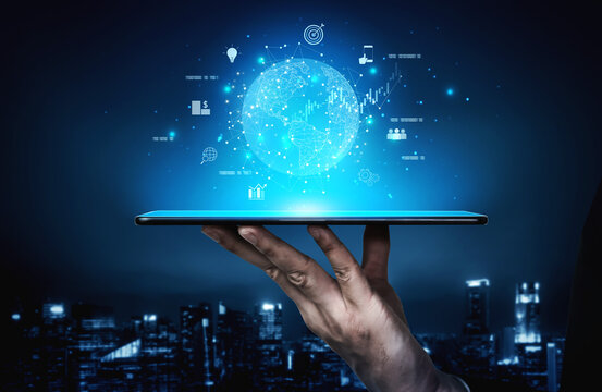 Global business network connecting digital economy and data exchange. Global business expands market, business shares data, global drives finance, and global business supports insight. Vouch