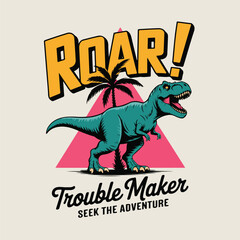 Green tyrannosaurus rex dinosaur roaring with palm tree and pink triangle background trouble maker