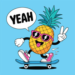 Funny cartoon pineapple character with sunglasses riding a skateboard and making a peace sign