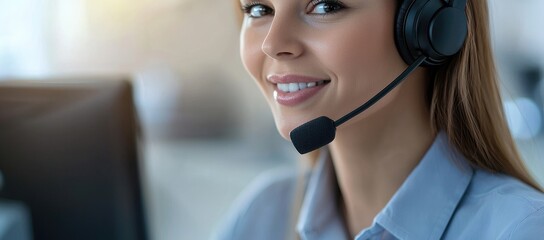 Close-up of smiling female call center staff with headset in light office setting, ideal for customer service banners, contact support visuals, and corporate materials