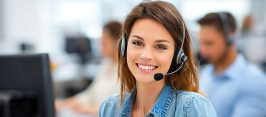 Friendly female call center operator with headset smiling in office environment, great for customer service concepts, business support visuals, and communication ads