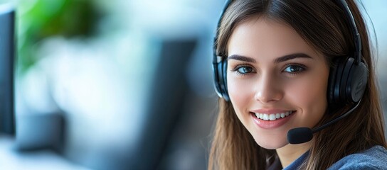 Smiling young female call center agent with headset in modern office environment, perfect for support service ads, corporate websites, and contact center materials