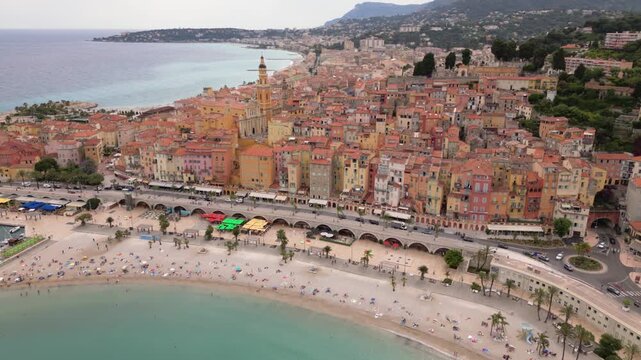 Epic Menton France Aerial Coast French Riviera in Summer. Drone Back Wide Beach Sunny Day Historic Colorful Town Port Harbor Cote d'Azur Nice