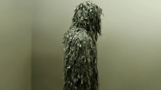 Person in a full ghillie suit for camouflage, on neutral background