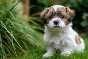 Adorable shih tzu puppy sitting in lush green garden