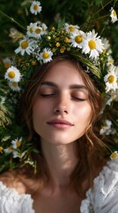 Woman laying in a field with a chamomile flower and grass crown on her head. Natural beauty and summer meadow concept.