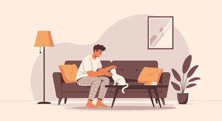 Fototapeta premium Illustrative scene of a man on sofa petting a cat in a cozy living room space