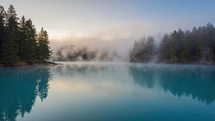 Mist hovering above still forest lake, soft aqua color palette and light cloud cover