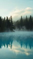 Mist hovering above still forest lake, soft aqua color palette and light cloud cover