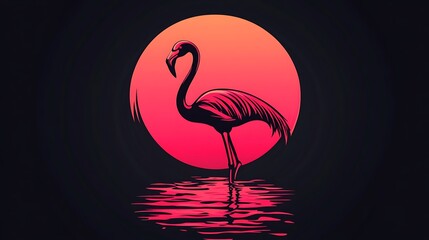 Stylized illustration of a vibrant flamingo standing in water with the radiant sunset photo