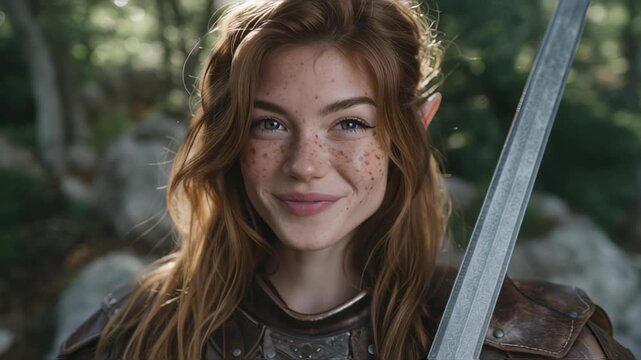 Focused elf warrior with sword stares intensely at camera.