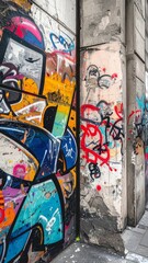 Obraz premium Colorful Graffiti on Concrete Blocks Featuring a Textured Urban Landscape