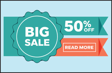 Big Sale 50% Off Badge Teal Orange Ribbon Banner Read More Button Vector Marketing Promotion