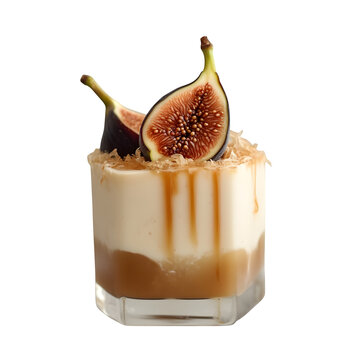 fig and almond milk drink in a minimalist cube glass topped with caramel thread and fig slice on white