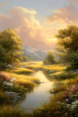 A serene landscape painting depicts a river flowing through a meadow, surrounded by trees, under a radiant sky. The scene has a warm, golden light.