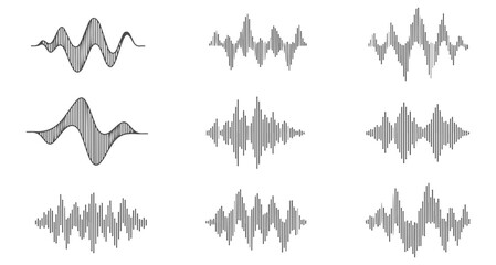 Music equalizer and audio spectrum analyzer graphics. Set of soundwave patterns for DJ logos, podcast backgrounds, and music production visuals.

