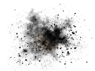 Black chalk pieces and dust flying, effect explode isolated on white 