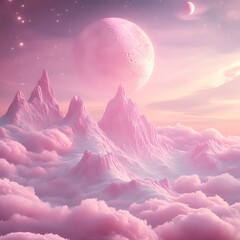 Surreal fantasy landscape of pink mountains and clouds with celestial bodies and stars photo