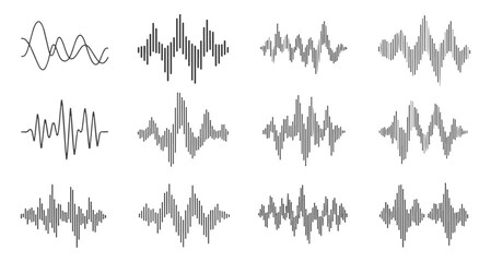 Sound wave and audio signal icon set. Vector collection of music equalizer waveforms, voice frequency lines, and abstract sound vibrations.

