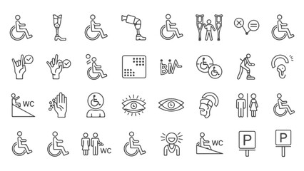 Disability and accessibility line icon set. Vector collection of symbols for disabled access, including wheelchair, prosthetic, blind, and deaf signs for public information.

