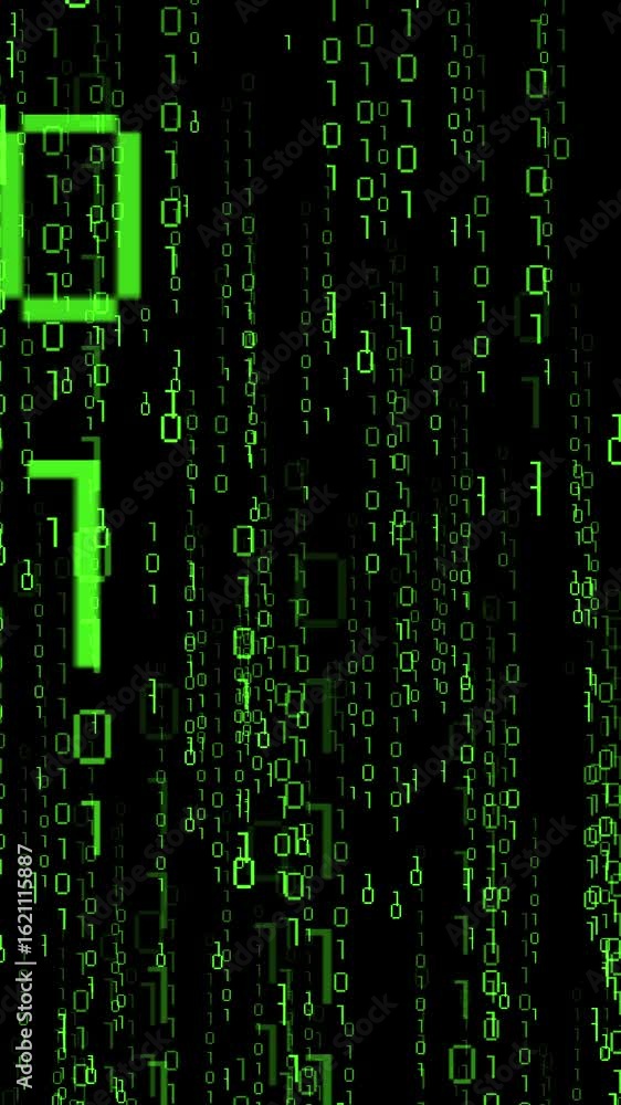 Poster green binary code falling down - matrix effect - 3d 4k vertical animation (2160 x 3840 px)