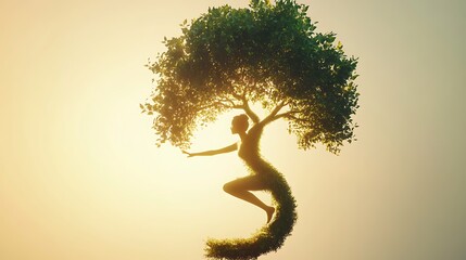 Symbolic representation of nature with human form intertwining with a lush green tree photo