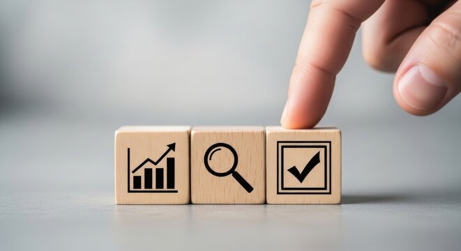 Strategic business analysis with clear progress, research, and successful completion symbolized on wooden blocks