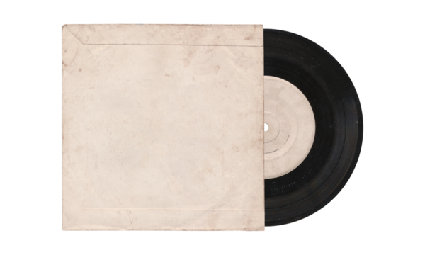 a 7 inch format vinyl record mockup isolated on transparent background, disc inside the sleeve and with empty space for music cover design	