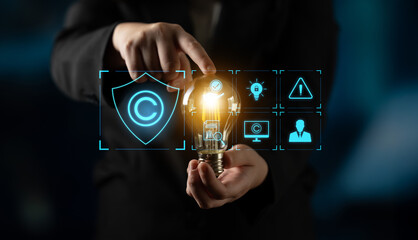 Digital copyright protection system showing secure ownership, intellectual property rights, content verification, and legal warning icons for creators and publishers Latch