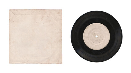 a 7 inch format vinyl record mockup isolated on transparent background, separated sleeve and disc with empty space for music cover design	