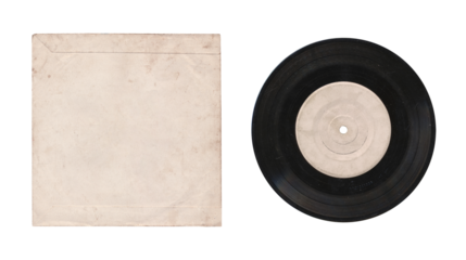 a 7 inch format vinyl record mockup isolated on transparent background, separated sleeve and disc with empty space for music cover design	