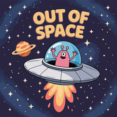 Cute pink alien in a flying saucer with saturn and stars in the background