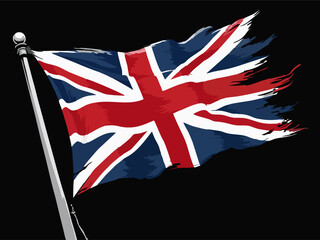 Vector design with decorative drawing of 
torn national United Kingdom flag 
is fluttering in wind. 
Fashion england t-shirt print. British pattern 
for textiles, fabric, clothing.