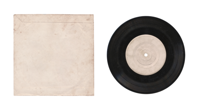 a 7 inch format vinyl record mockup isolated on transparent background, separated sleeve and disc with empty space for music cover design	