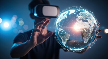 Man in VR headset interacts with glowing digital Earth, exploring futuristic global network connections