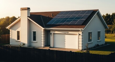 Modern home with solar panels on roof at sunset