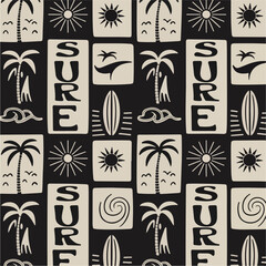 Retro black and white surf pattern with palm trees and sun graphics