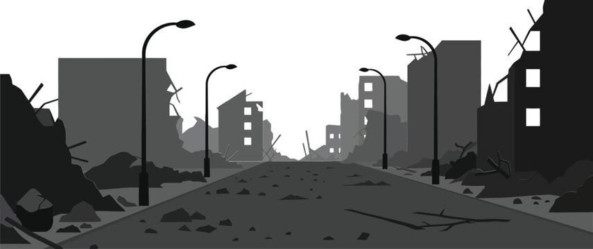 Post-apocalyptic city street with destroyed buildings and cracked pavement in grayscale vector illustration