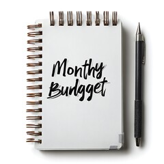 A close up of a notebook with monthly budget written on it next to a black pen flat lay