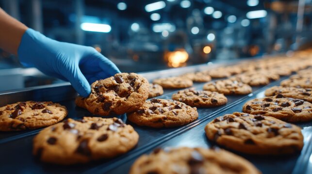 Chocolate chip cookies on a conveyor belt inspected by a gloved hand, highlighting a meticulous production process.