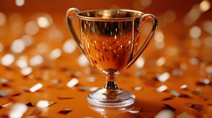 Shiny orange trophy with dynamic lighting surrounded by swirling confetti, conveying celebration and achievement in an engaging scene.