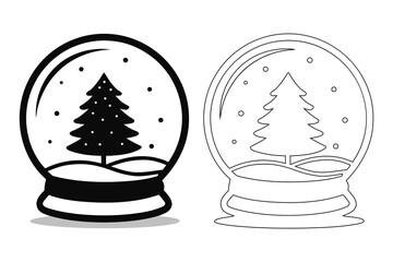 Black and white snow globe with decorated Christmas tree