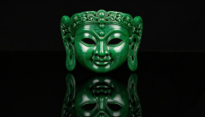 An intricately carved green mask is reflected on a glossy black surface, showcasing detailed craftsmanship and artistic elegance.	