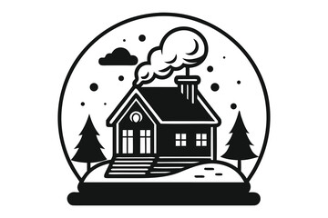Black silhouette of house with smoking chimney in snow globe