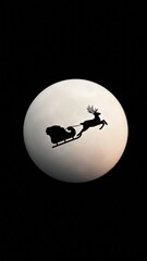 Silhouette of reindeer sleigh flying across the moonlit night sky