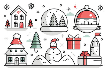 Colorful Christmas icons and elements with winter scenes