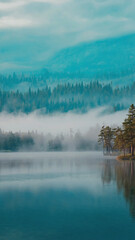 Mist hovering above still forest lake, soft aqua color palette and light cloud cover.