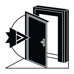 Open door with directional arrow symbol and circular frame